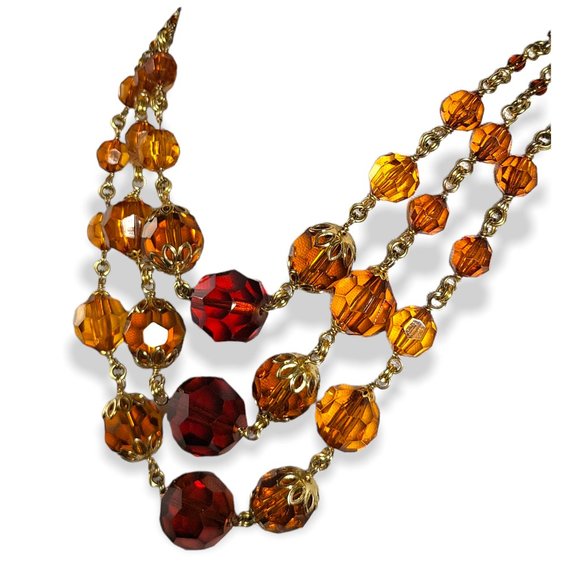 Woman's Vintage Necklace Signed Amber Glass 3 Strand Antique Gold Finish - Picture 1 of 9